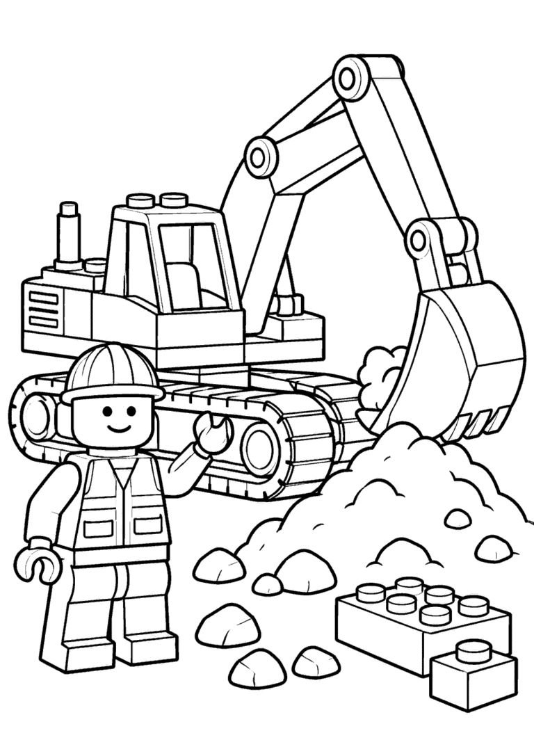 LEGO — Budowniczy i koparka — kolorowanka do druku