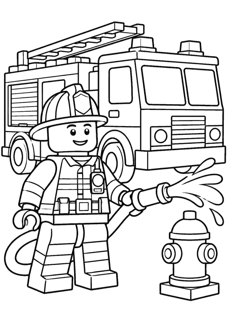 LEGO — Strażak przy wozie — kolorowanka do druku