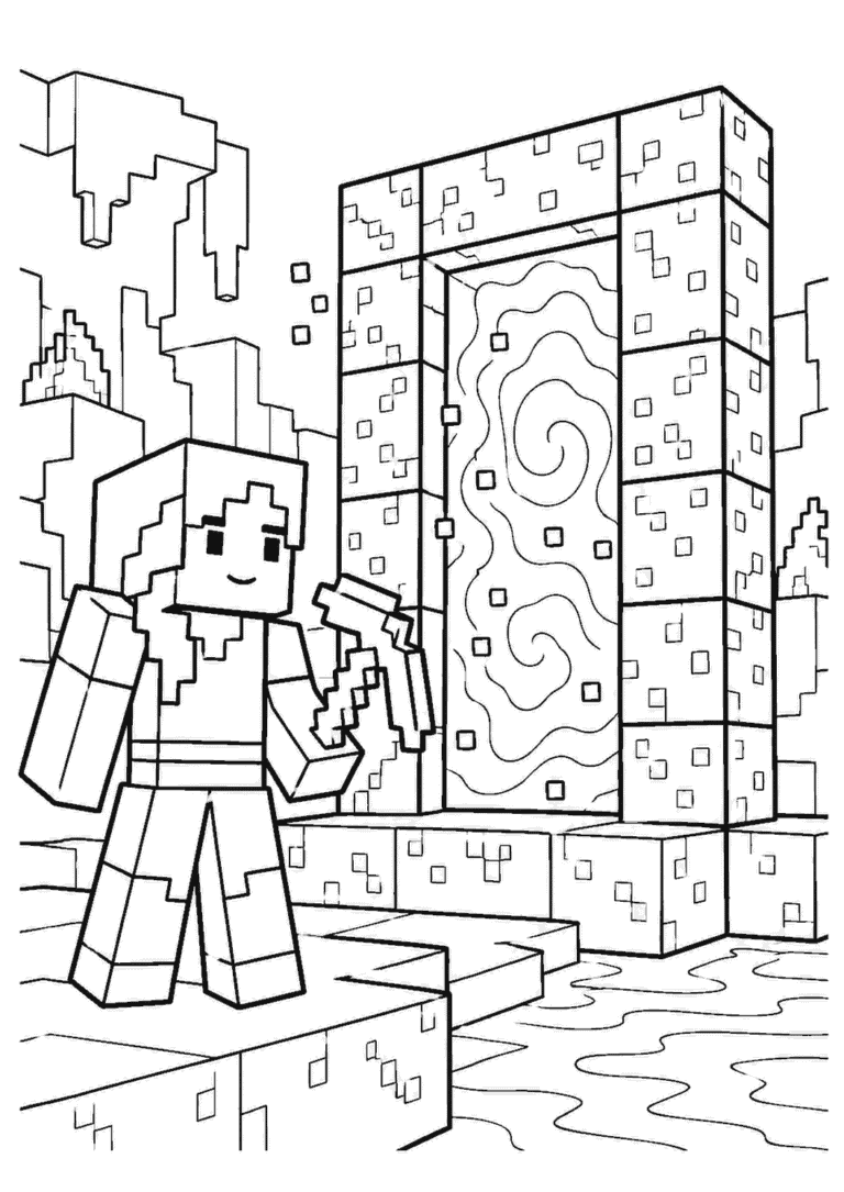 Minecraft — Alex przy portalu — kolorowanka do druku