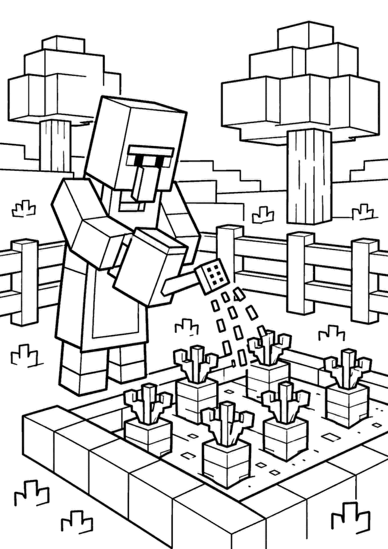 Minecraft — Wieśniak w ogrodzie — kolorowanka do druku