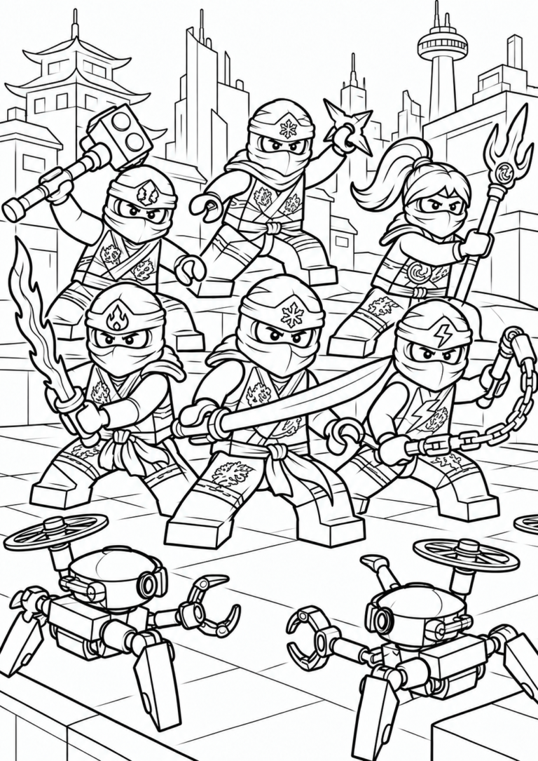 Ninjago — cała drużyna na dachach miasta — kolorowanka do druku