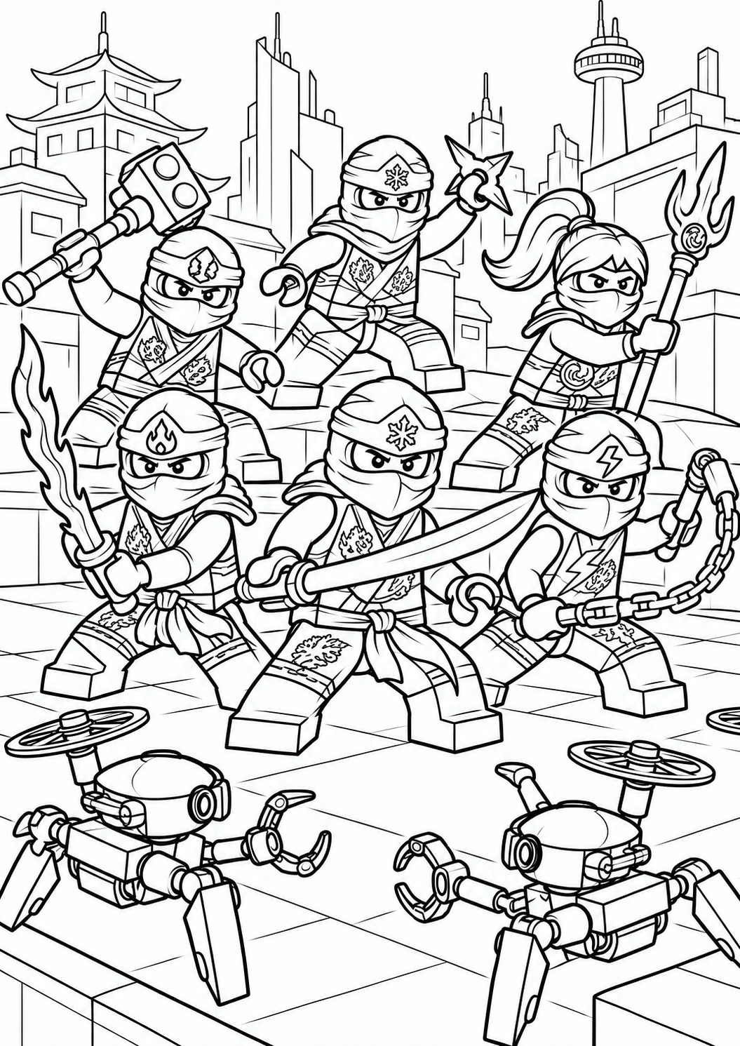 Ninjago — cała drużyna na dachach miasta — kolorowanka do druku