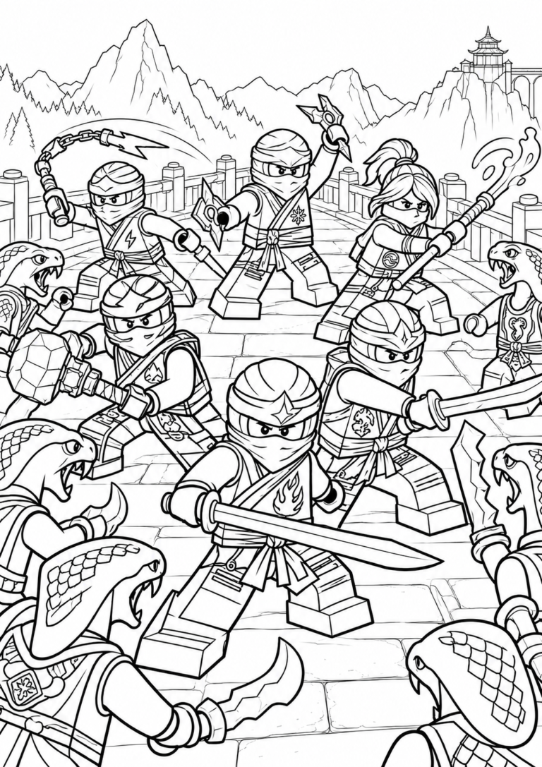 Ninjago — cała drużyna walczy z wężami — kolorowanka do druku