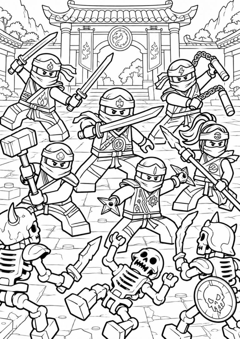 Ninjago — cała drużyna walczy ze szkieletami — kolorowanka do druku