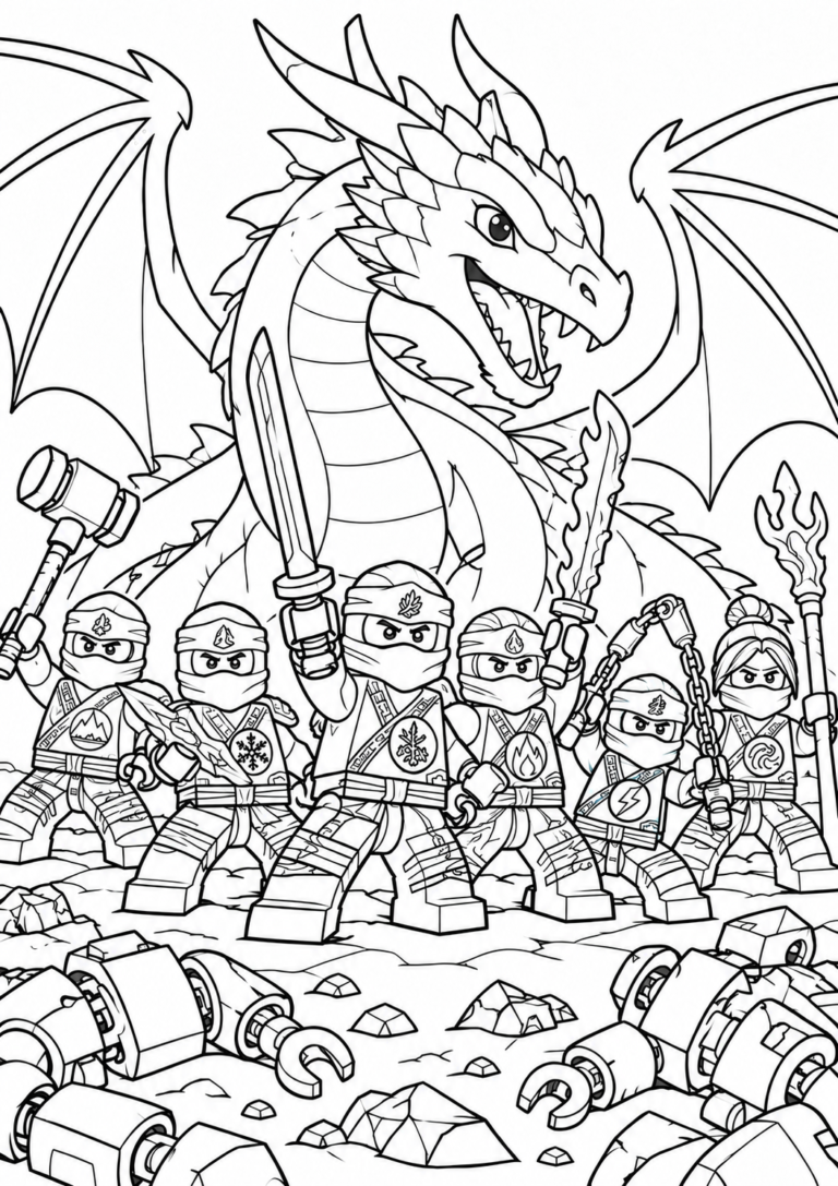 Ninjago — cała drużyna ze smokiem — kolorowanka do druku